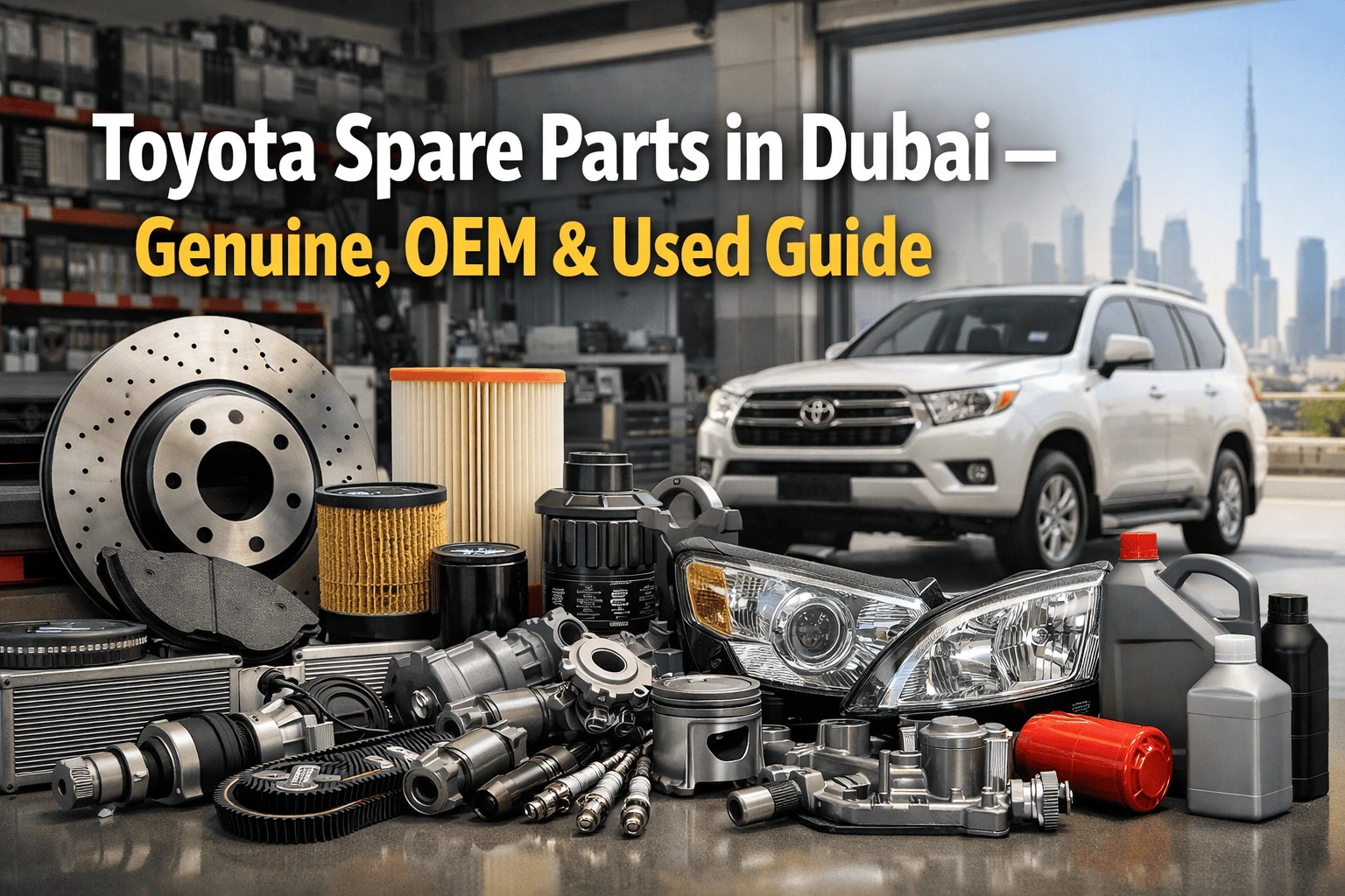 Toyota spare parts shop in Dubai with genuine OEM and used Toyota auto parts displayed