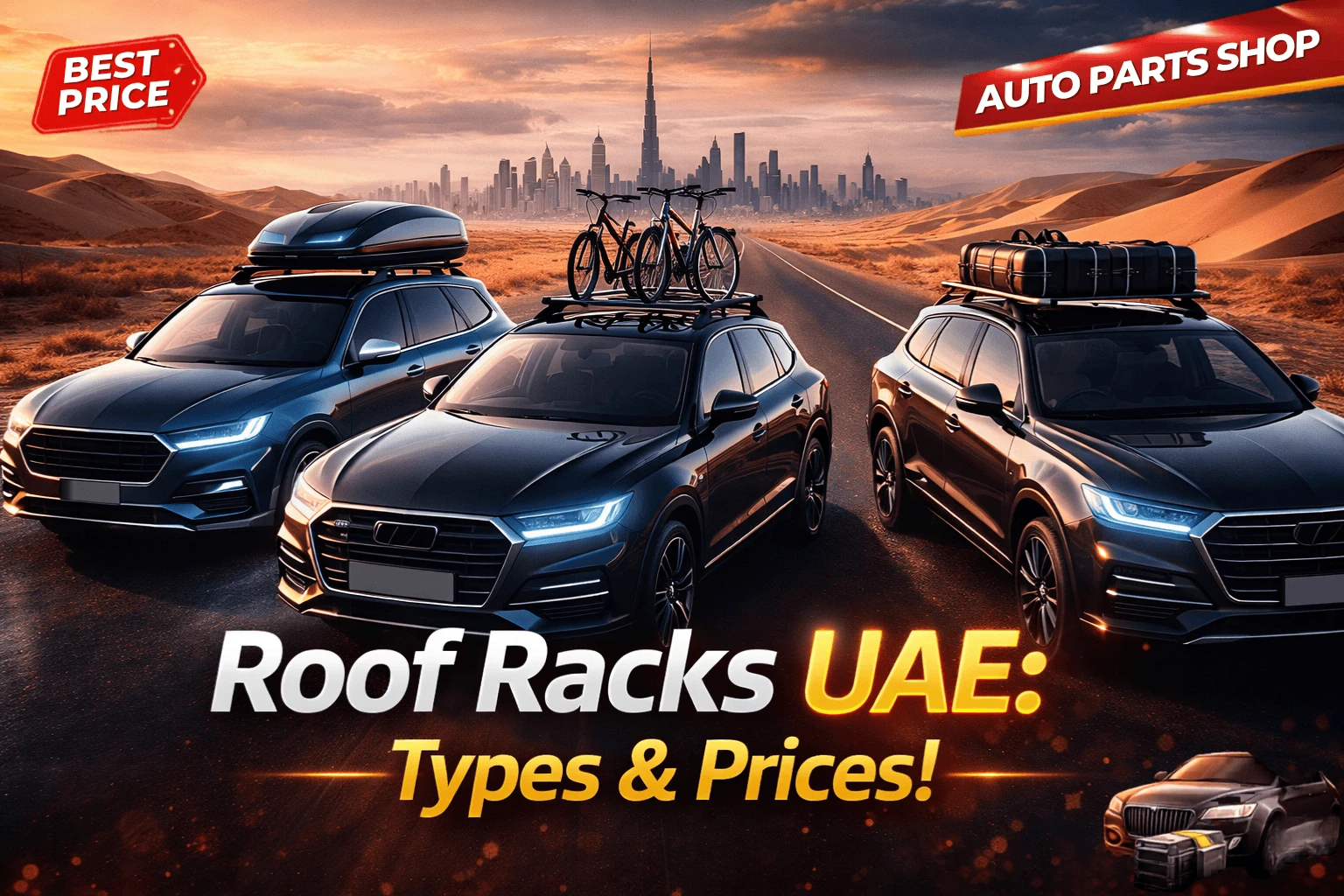 Different types of car roof racks including crossbars, cargo box, and bike rack installed on vehicles in UAE