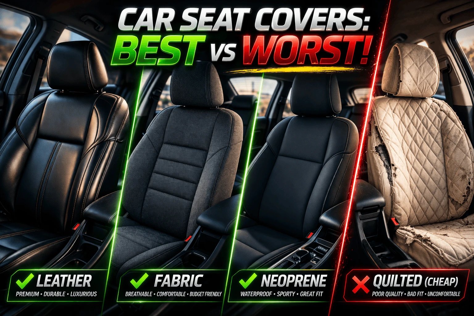 Various types of car seat covers including leather, fabric, and neoprene displayed in a car interior