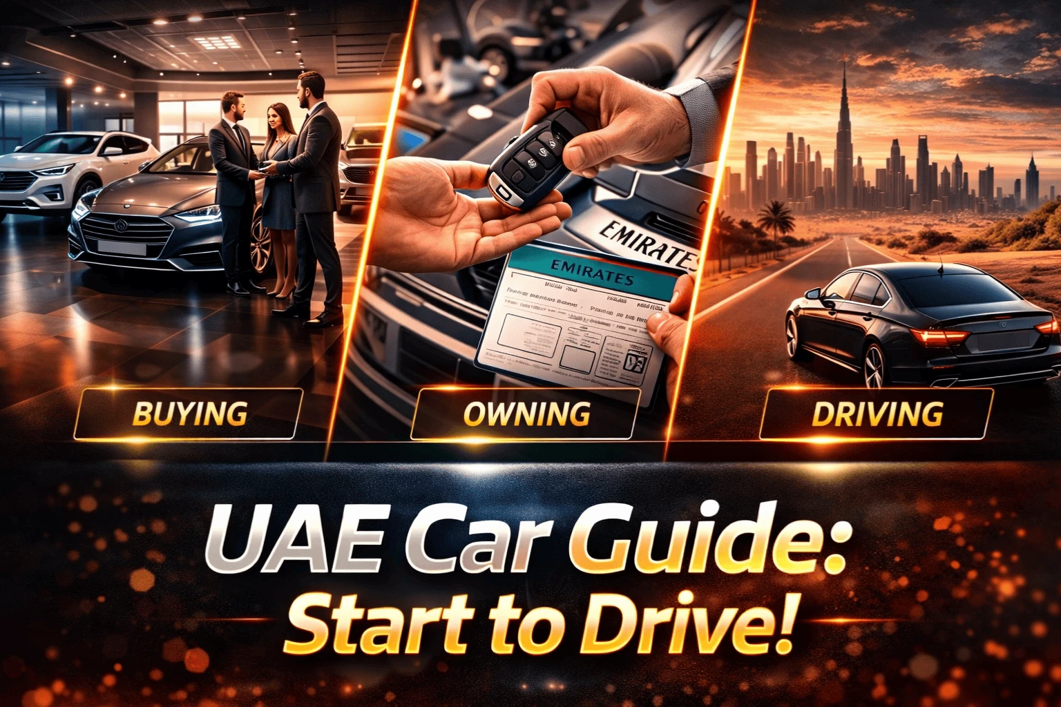 Modern car driving on a UAE highway with city skyline in the background