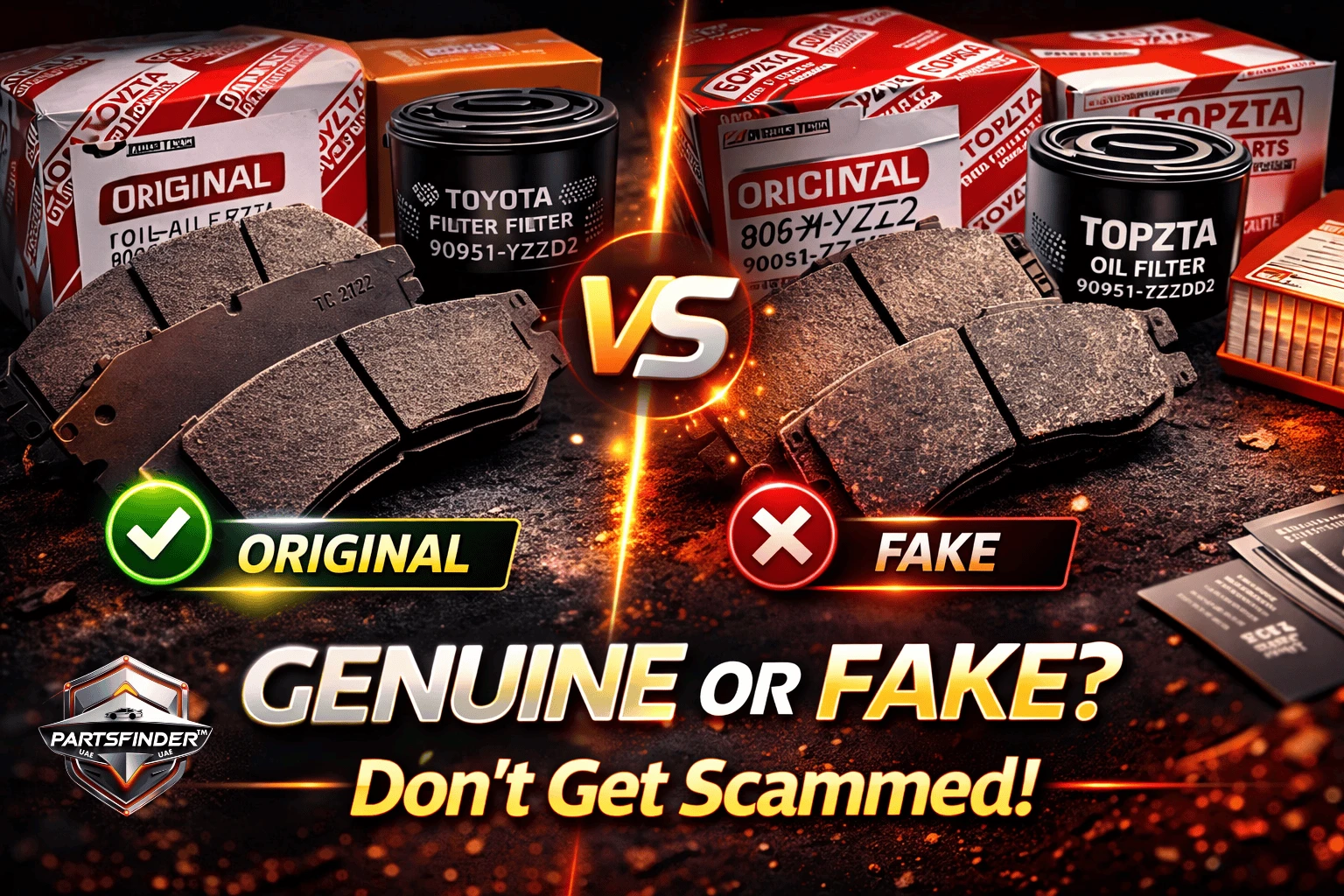 Comparison between genuine and counterfeit auto parts showing key differences