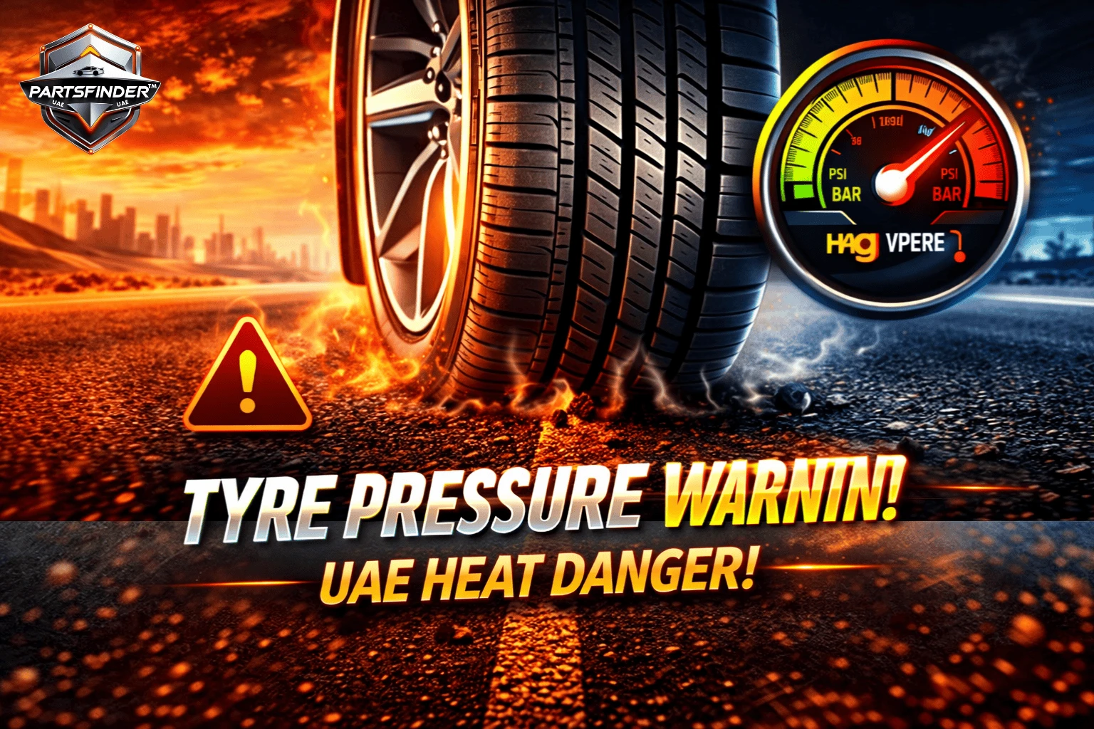 Car tyre on a hot UAE road with heat waves visible, highlighting tyre pressure importance