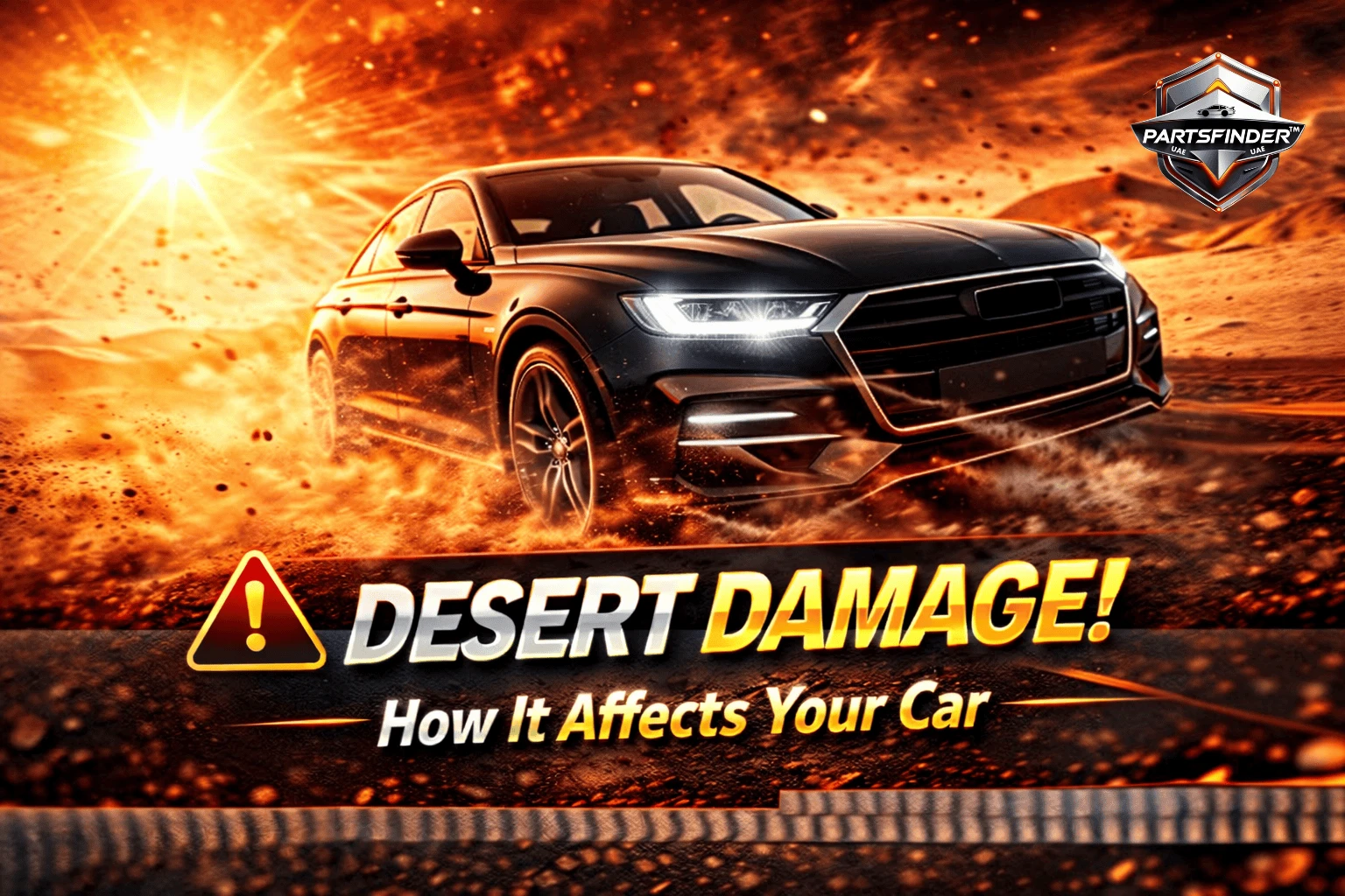 Car driving through desert sand with dust and heat affecting vehicle performance