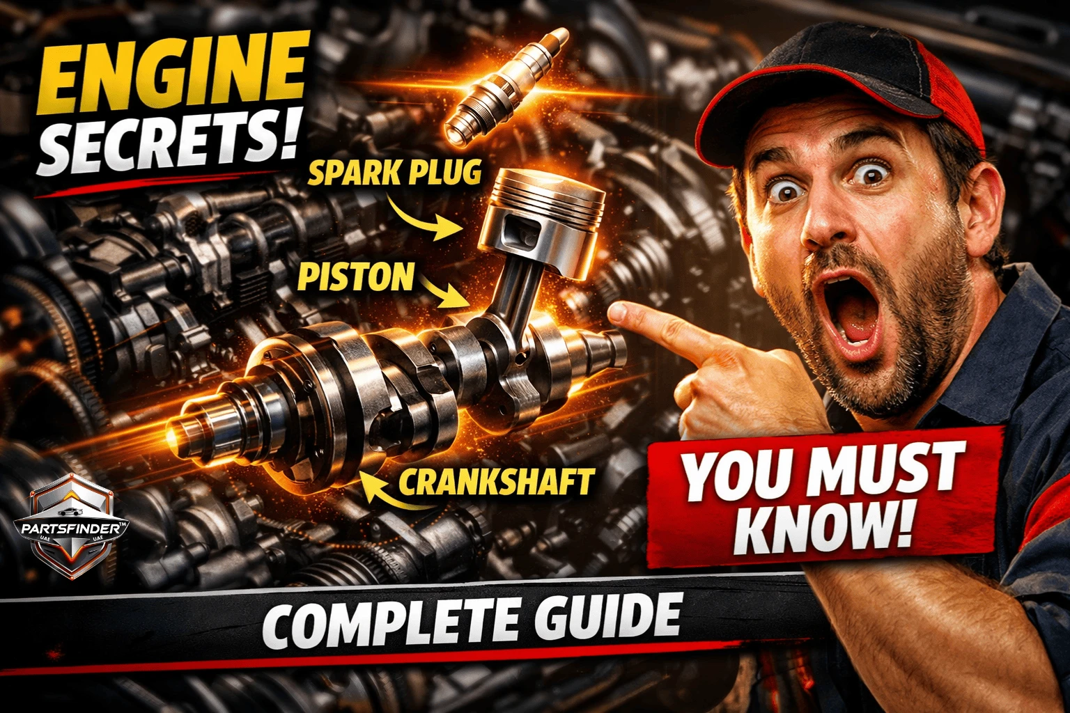 Diagram showing the main parts of a car engine and how they function together
